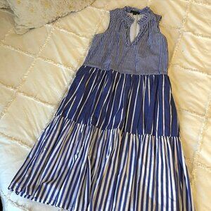 J. Crew Sleeveless Tiered Popover Dress in Mixed Stripe Blue White - Size XXS